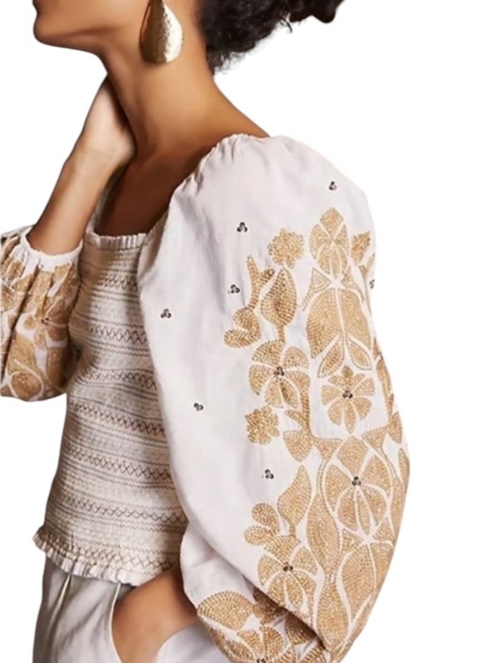 Anthropologie Cotton Embroidered Smocked Peasant Top Blouse Cream Brown Size XS